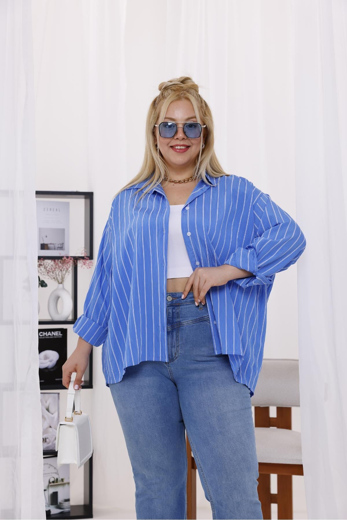 Siyezen Büyük Beden Çizgili Oversize Gömlek