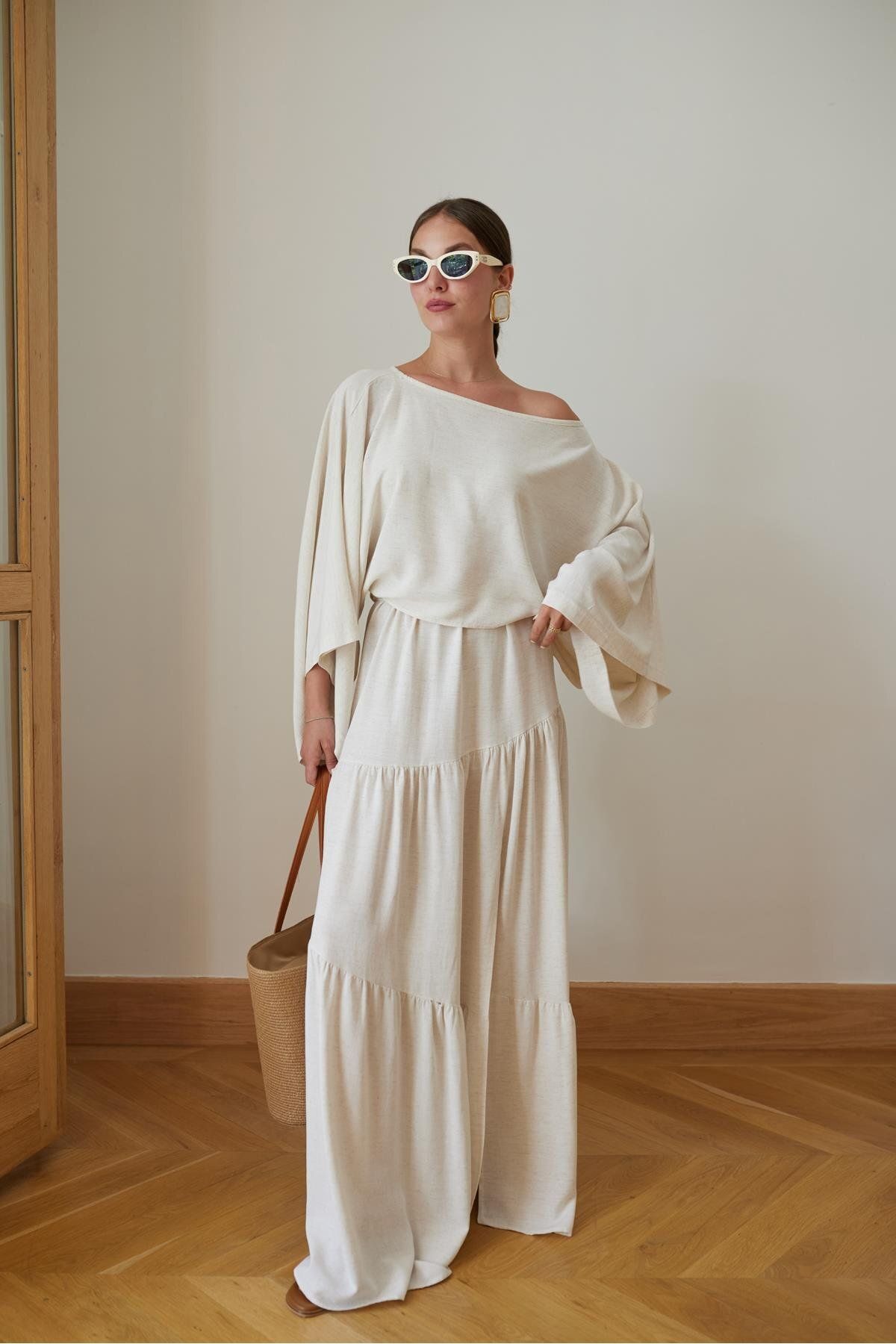 Askı Tekstil Taş Düşük Omuzlu Crop Bluz Etek Keten Takım