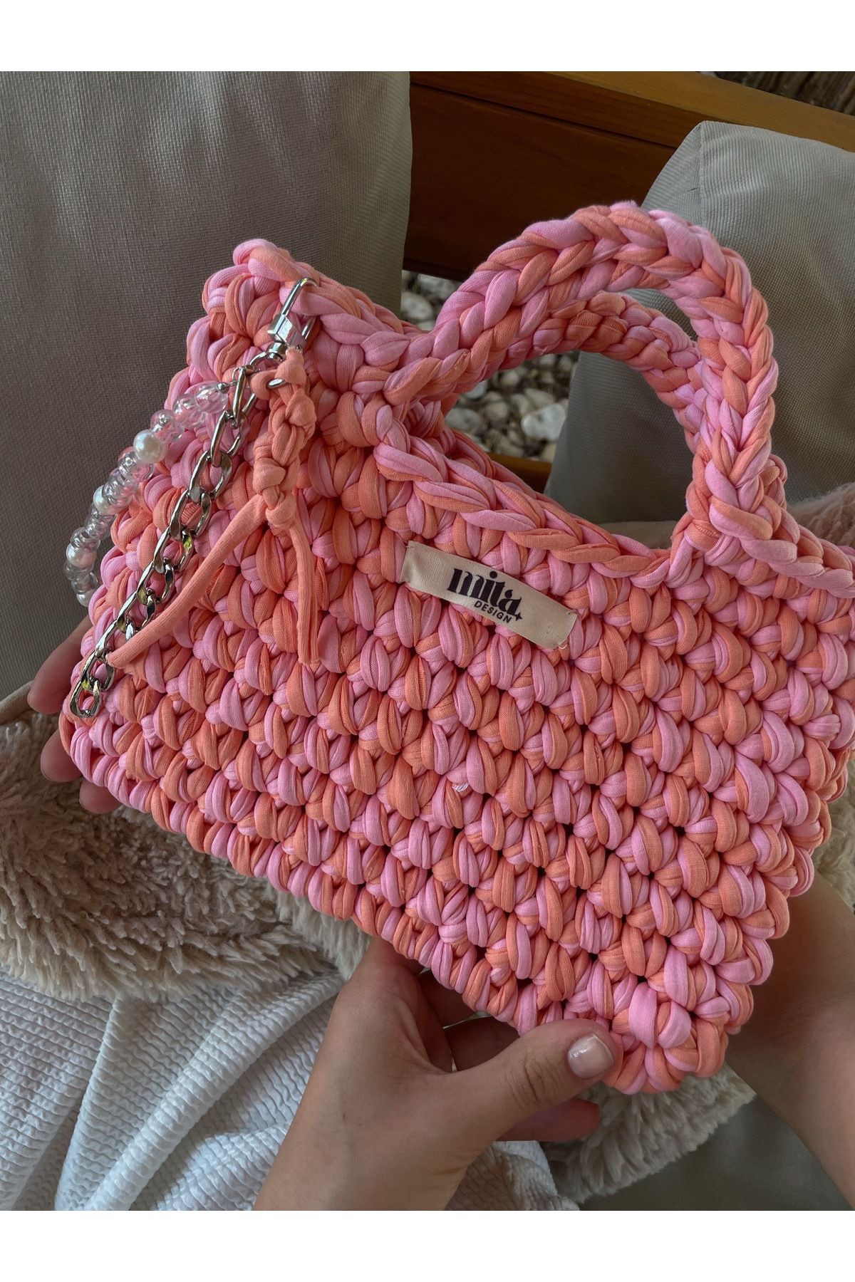 Mita Özel Tasarım El Örgüsü Mercan&Pembe El Çantası