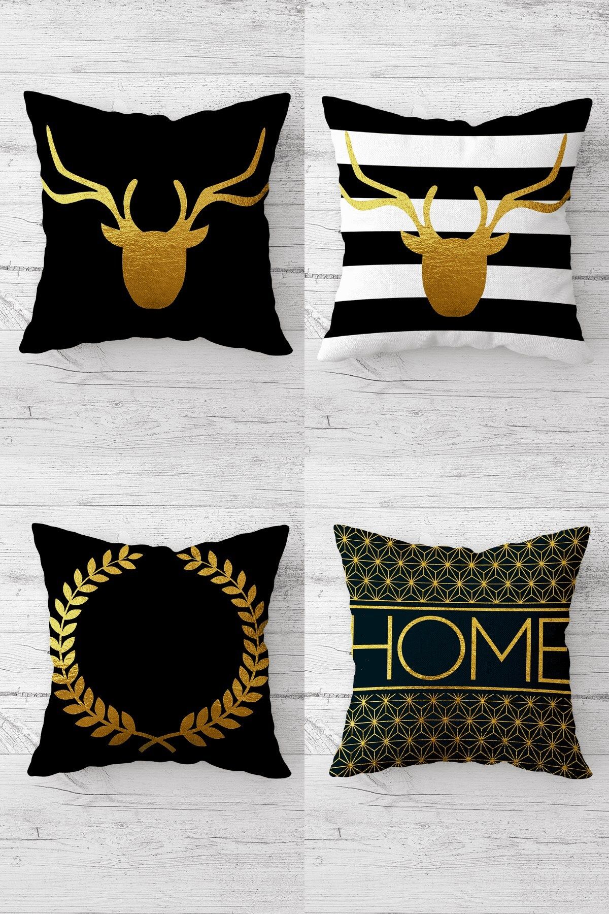 MENTEŞ HOME Gold Geyik Desenli Home Yazılı Gizli Fermuarlı Kırlent Kılıfı Koltuk Yastık Kılıfı Takım(4ADET)