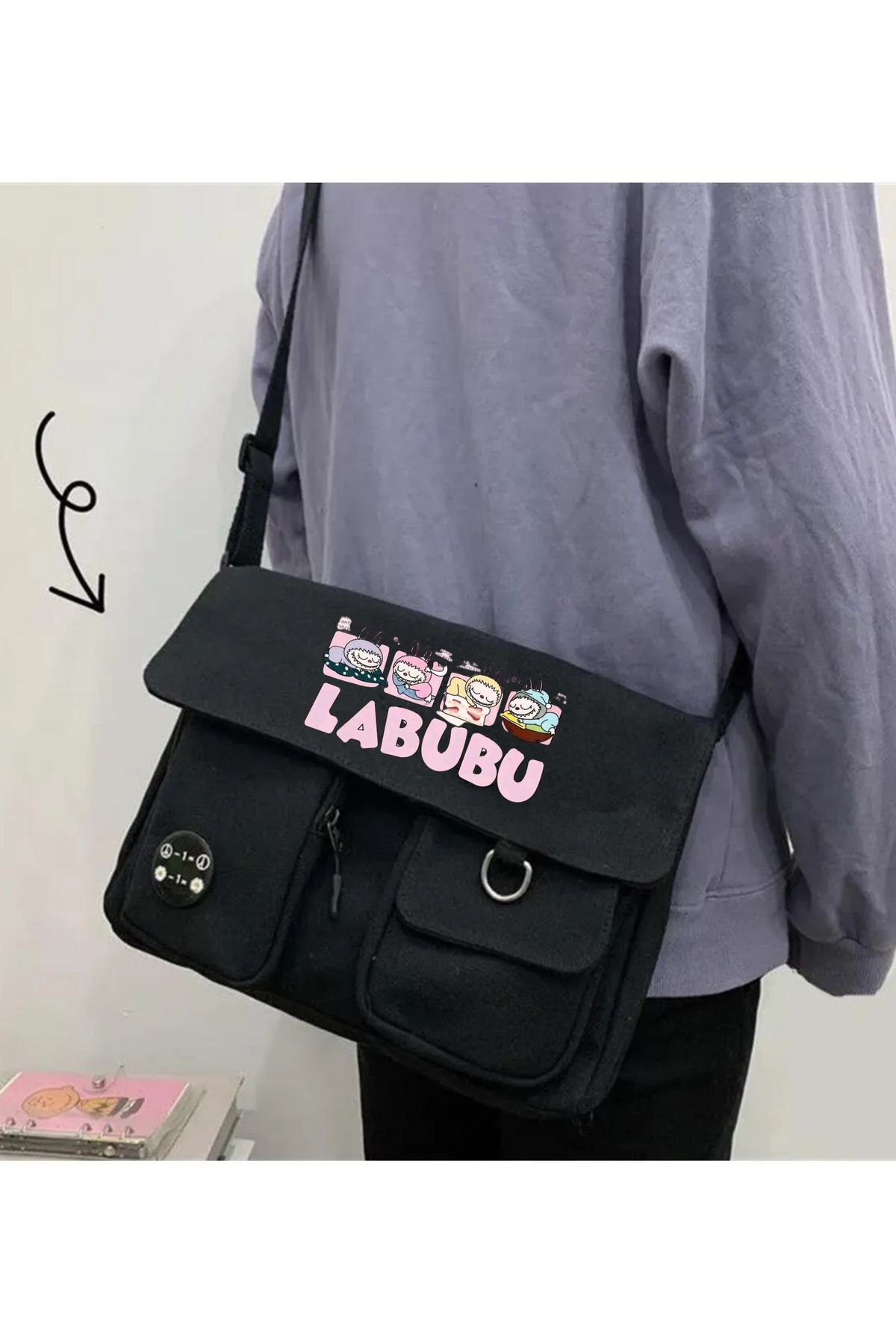 Toum Labubu Harajuku Unisex Cepli Unisex Siyah Postacı Çantası