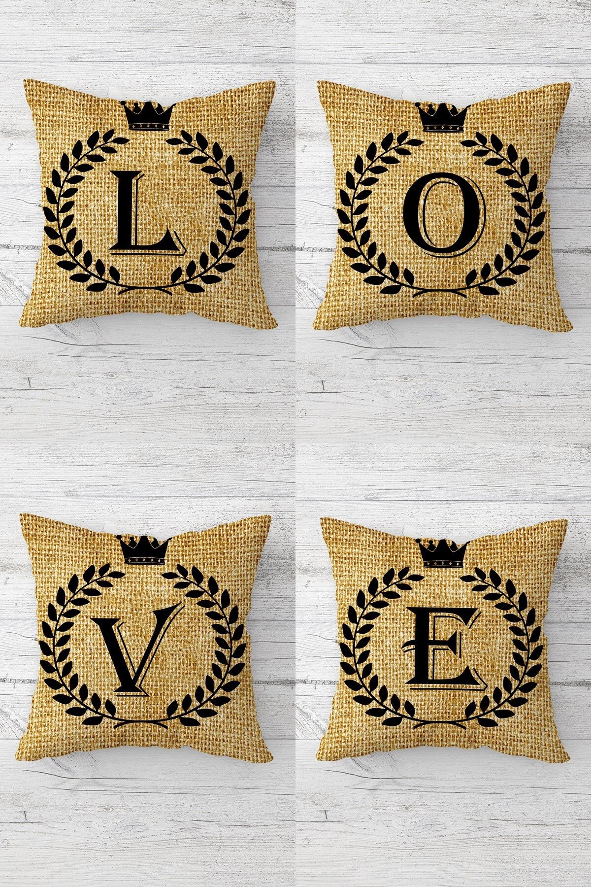 MENTEŞ HOME LOVE Harfleri Jüte Desen Gizli Fermuarlı Kırlent Kılıfı Koltuk Yastık Kılıfı Takım(4ADET)