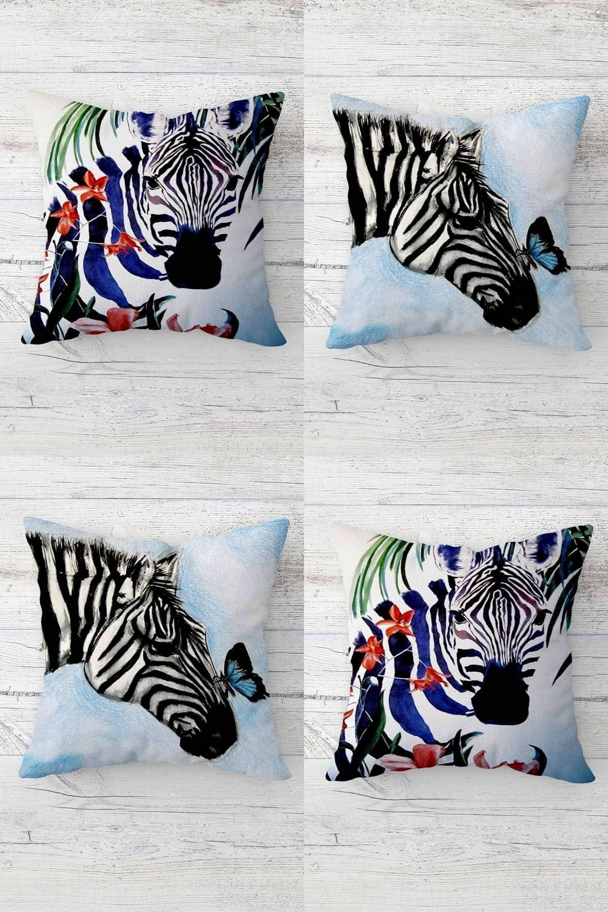 MENTEŞ HOME Zebra ve Kelebek Desenli Gizli Fermuarlı Kırlent Kılıfı Koltuk Yastık Kılıfı Takım(4ADET)