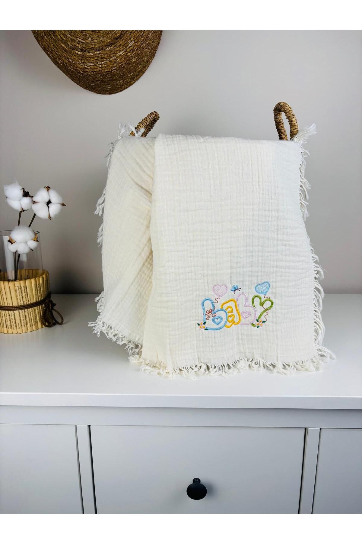 NOİSY TEKSTİL Ekru Müslin %100 Pamuk 4 Katlı Nakışlı Müslin Bebek Battaniyesi Çok Amaçlı Örtü 110x110 CM OEKO-TEX