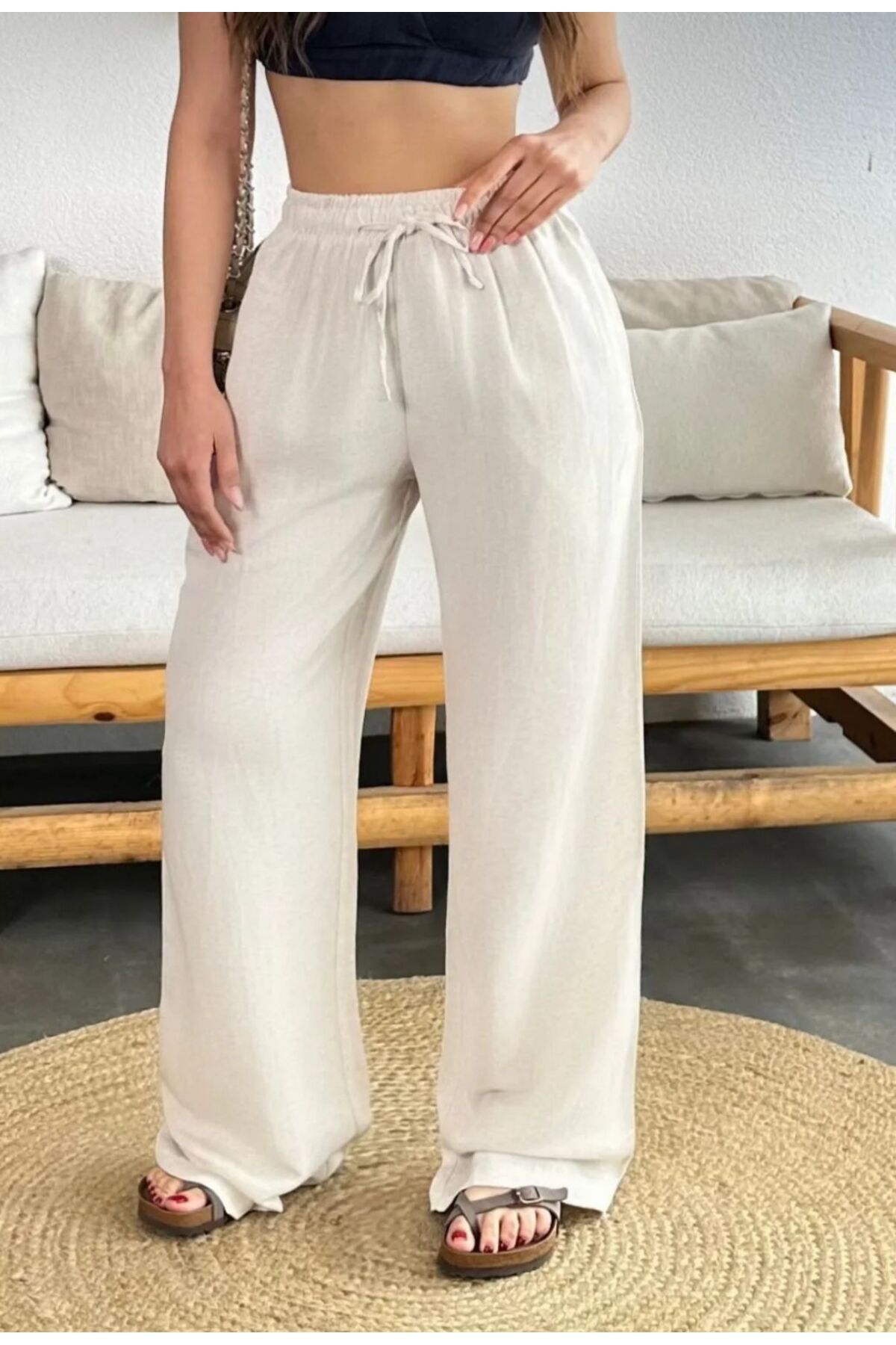 SHEVANE NEW SEASON Kadın Keten Beli Lastik Bağlamalı Yüksek Bel Geniş Kesim Cepli Yazlık Pantolon