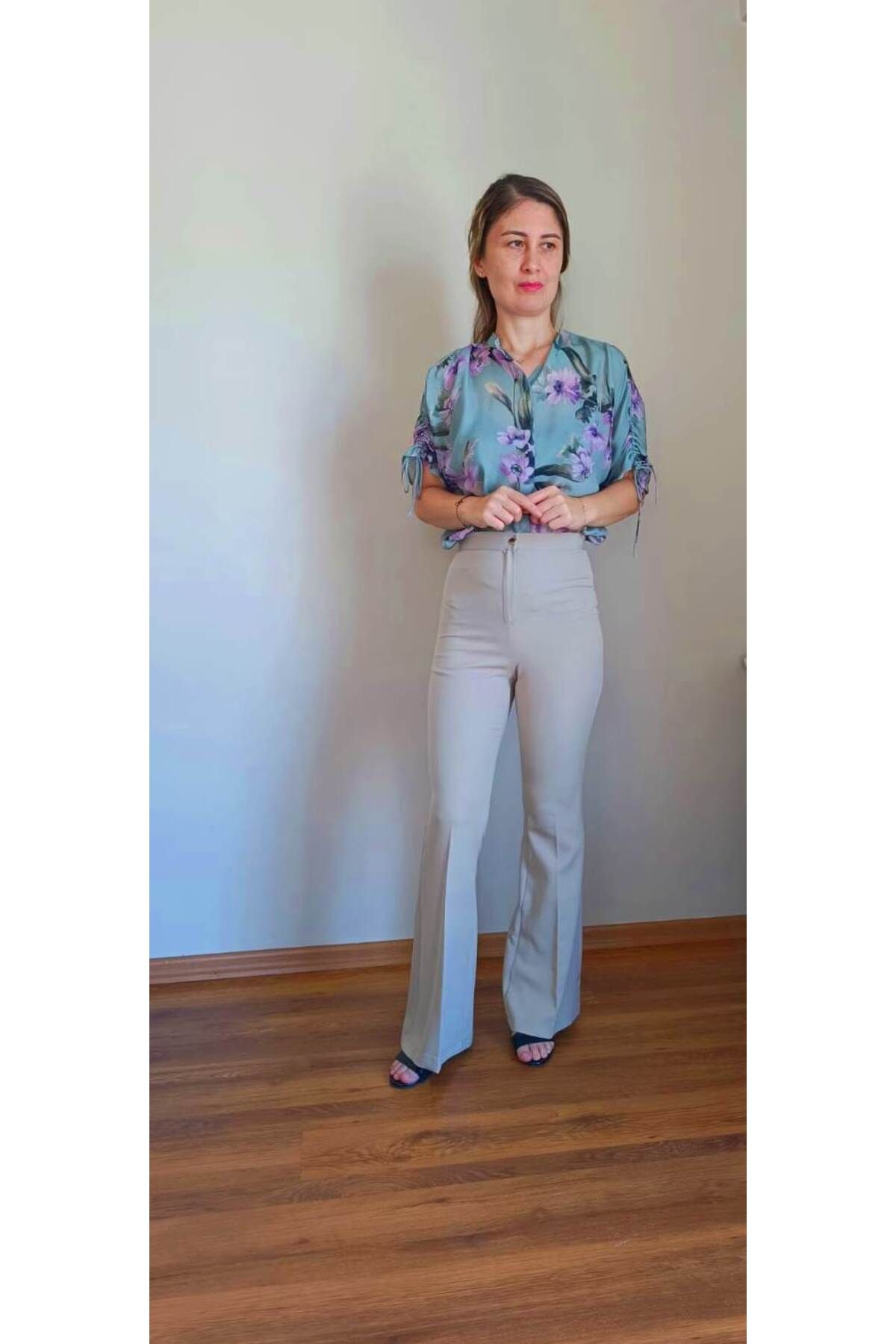 Miss Adore Butik Moda İspanyol Paça Dar Kesim Fermuarlı Yüksek Bel Kumaş Pantolon