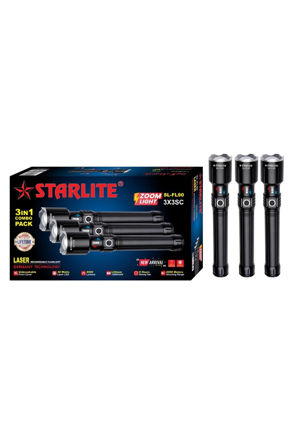 Generic-STARLITE 3-in-1 SL-FL90 Rechargeable LED Flashlight Set 30W Laser Light, 2000 Lumens, 12000mAh 3