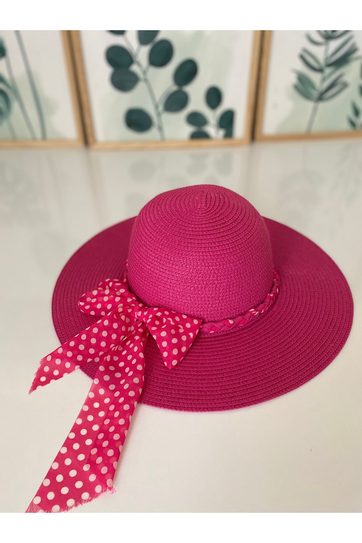 Petek Collection Fiyonklu Fuşya Pembe Hasır Plaj Şapkası