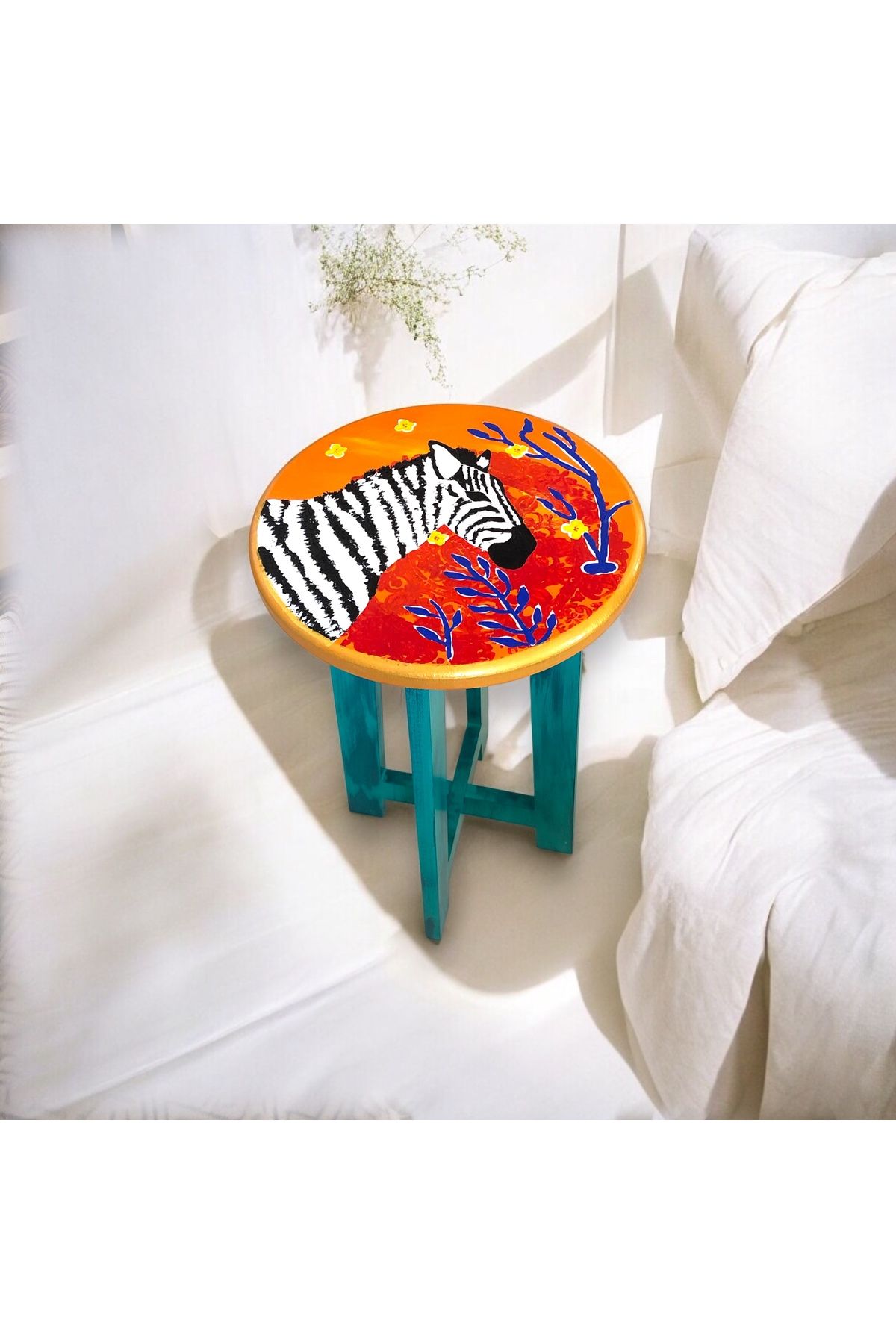 Home el yapımı zebra desenli dekoratif sehpa