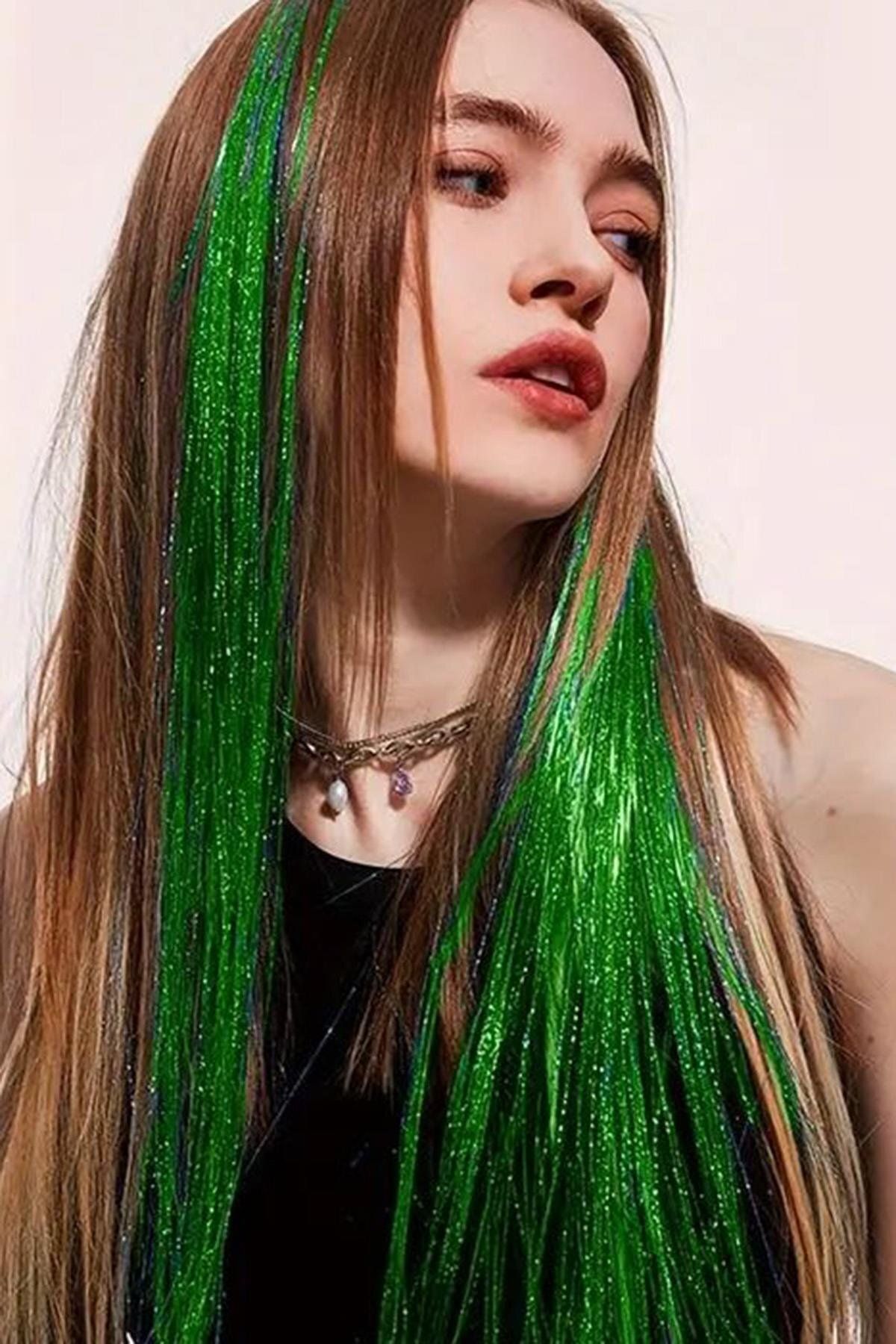 TAKIŞTIR Yeşil Renk Simli Yan Postiş Hair Tinsel Shiny Hair (50 Cm)