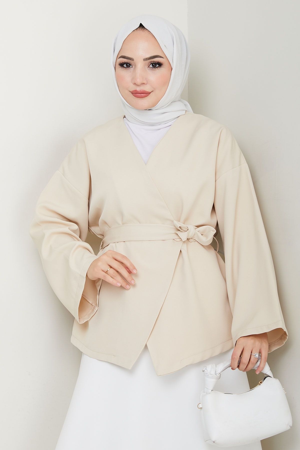 InStyle Kuşaklı Tek Düğmeli Double Kimono Taş