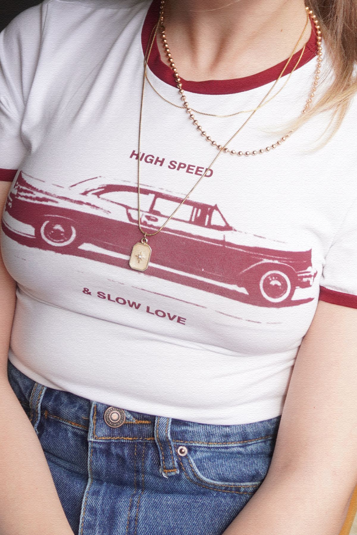 lavifel Kadın Beyaz Bordo Renkli “High Speed & Slow Love” Baskılı Crop Tişört