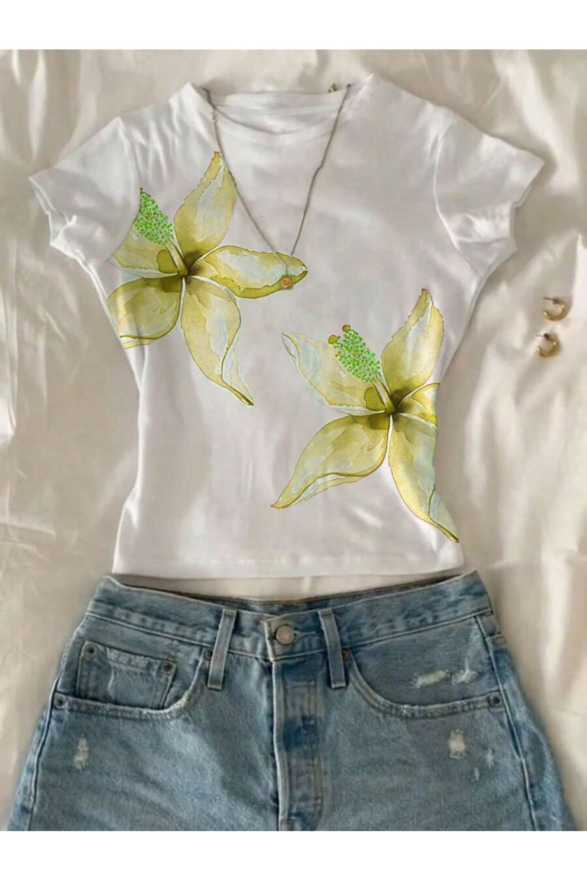 ACTIVE MODA Kadın Çiçek Baskılı Likralı Kısa Kol Body Tee Crop