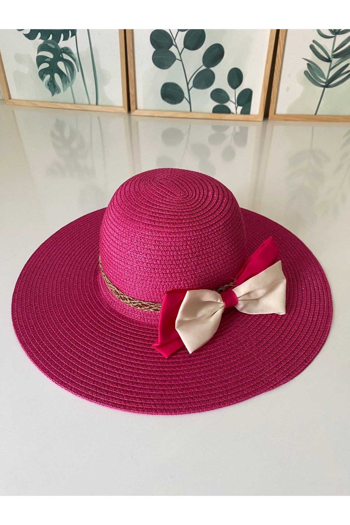 Petek Collection Fiyonklu Fuşya Pembe Hasır Plaj Şapkası