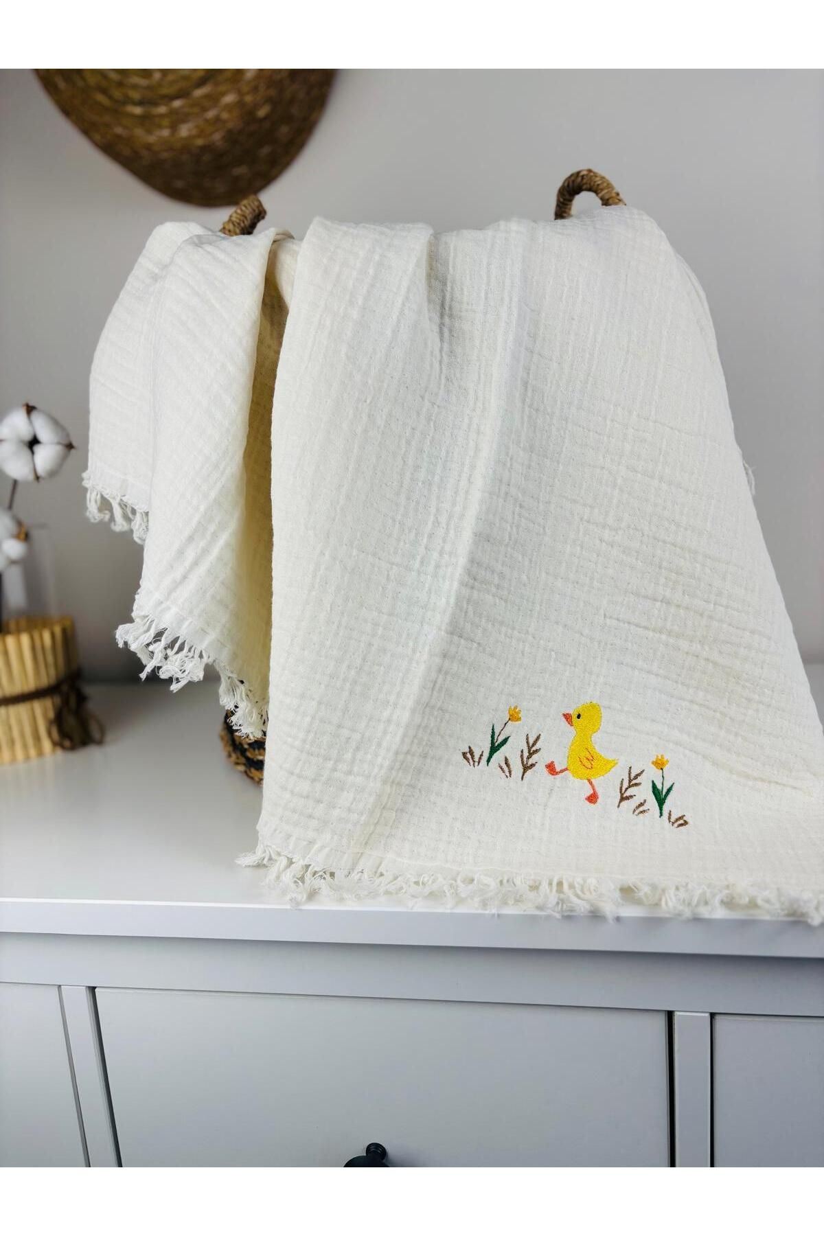NOİSY TEKSTİL Ekru Müslin %100 Pamuk 4 Katlı Nakışlı Müslin Bebek Battaniyesi Çok Amaçlı Örtü 110x110 CM OEKO-TEX
