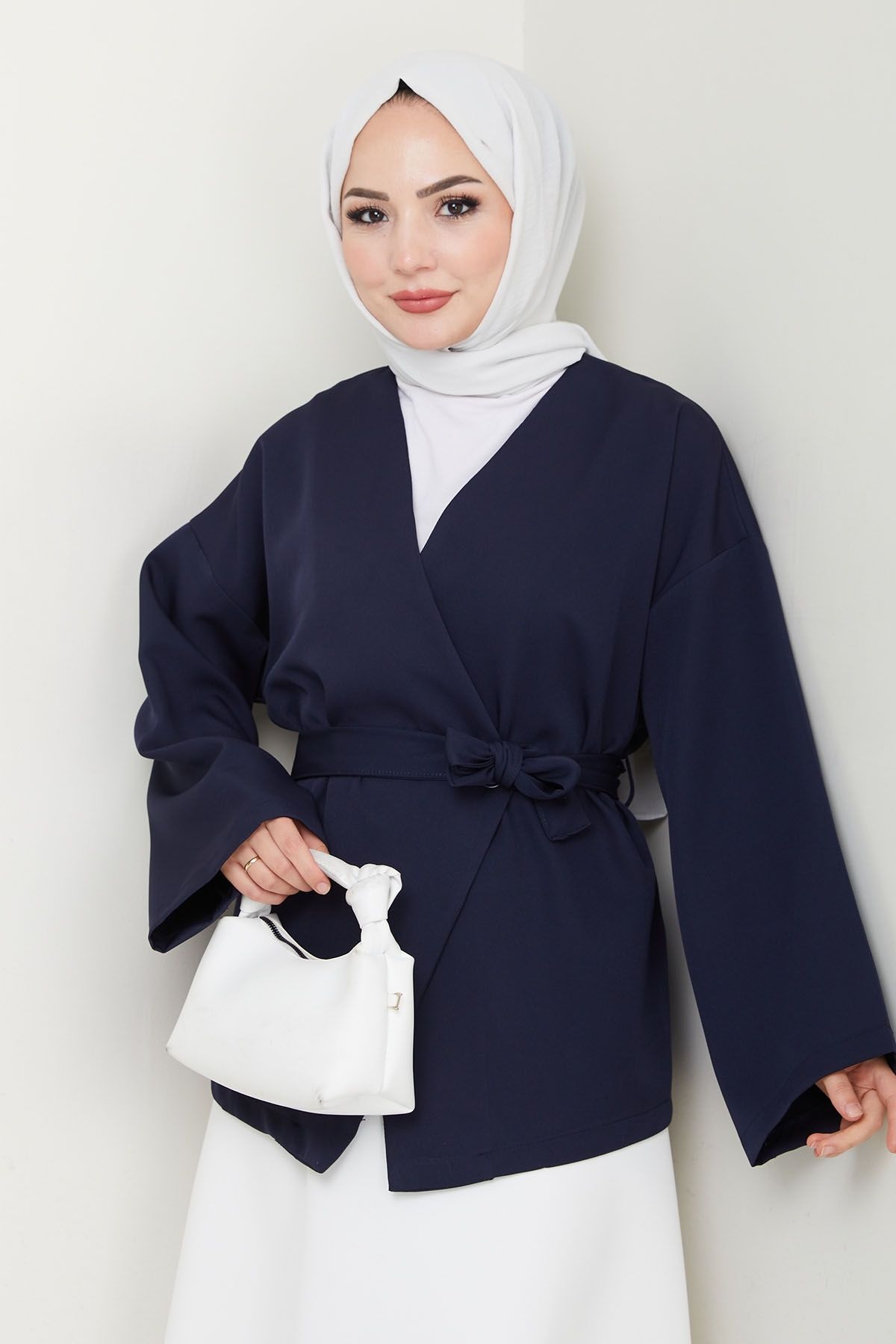 InStyle Kuşaklı Tek Düğmeli Double Kimono Lacivert
