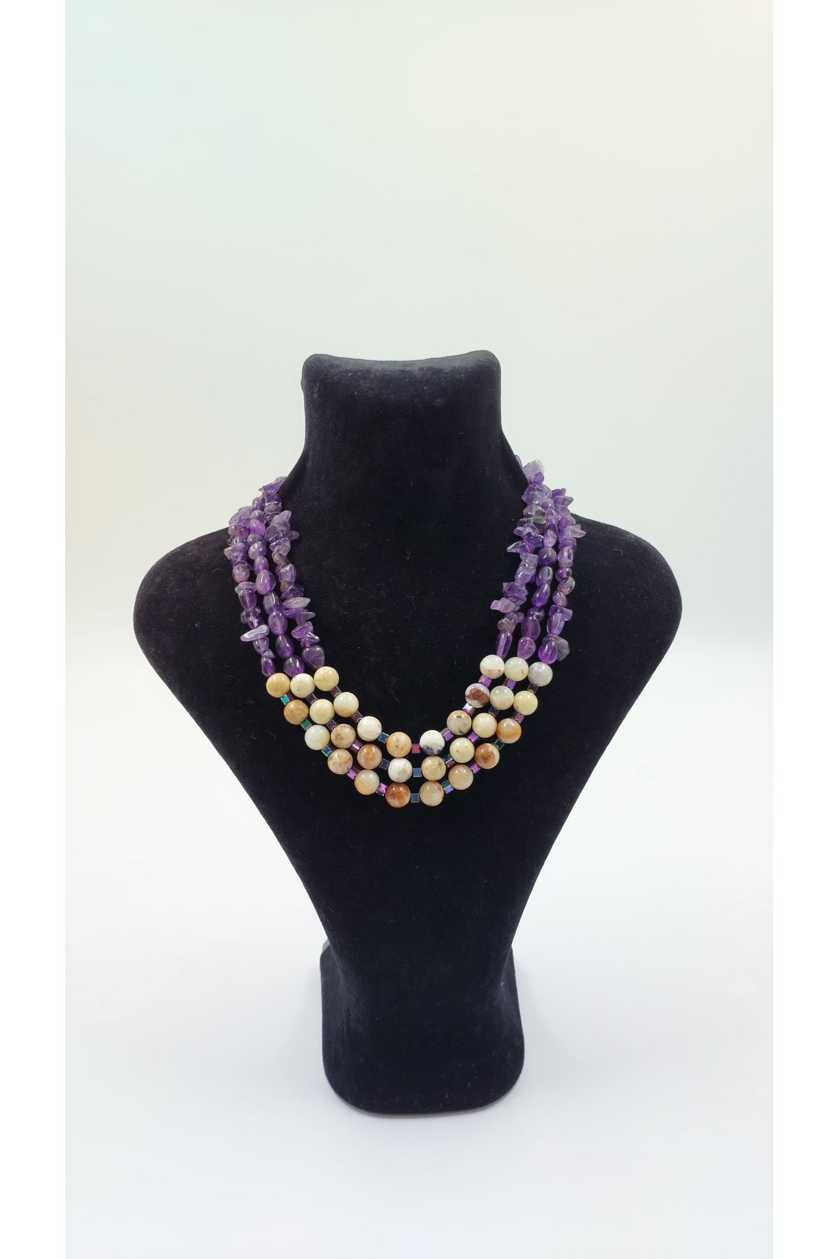 R G Handmade Design Rüya Üçlemesi Doğaltaş El Yapımı Kolye – Ametist, Krem Opal & Hematit