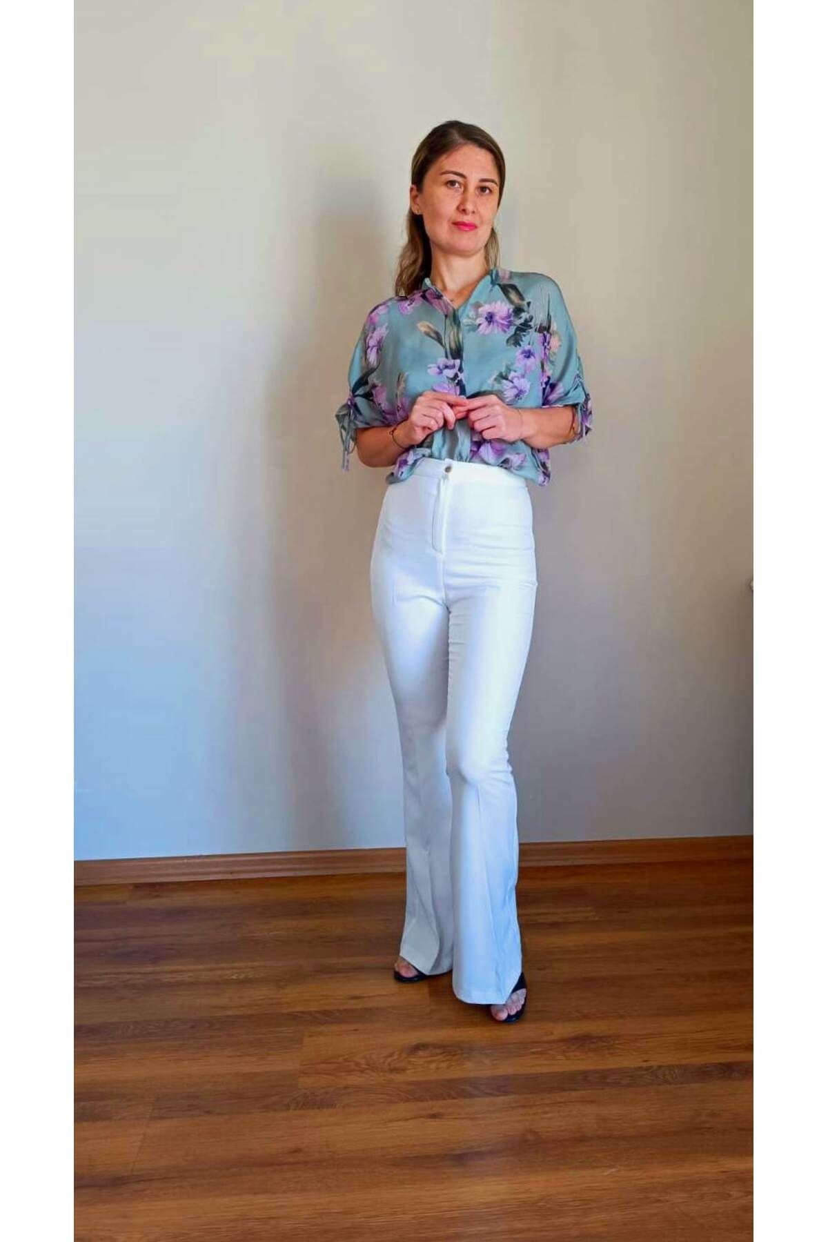 Miss Adore Butik Moda İspanyol Paça Dar Kesim Fermuarlı Yüksek Bel Kumaş Pantolon