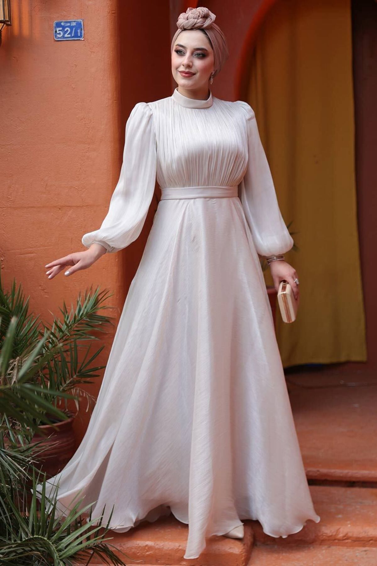 N.S NEVA STYLE Drape Detaylı Taş Tesettür Abiye Elbise 51072TAS