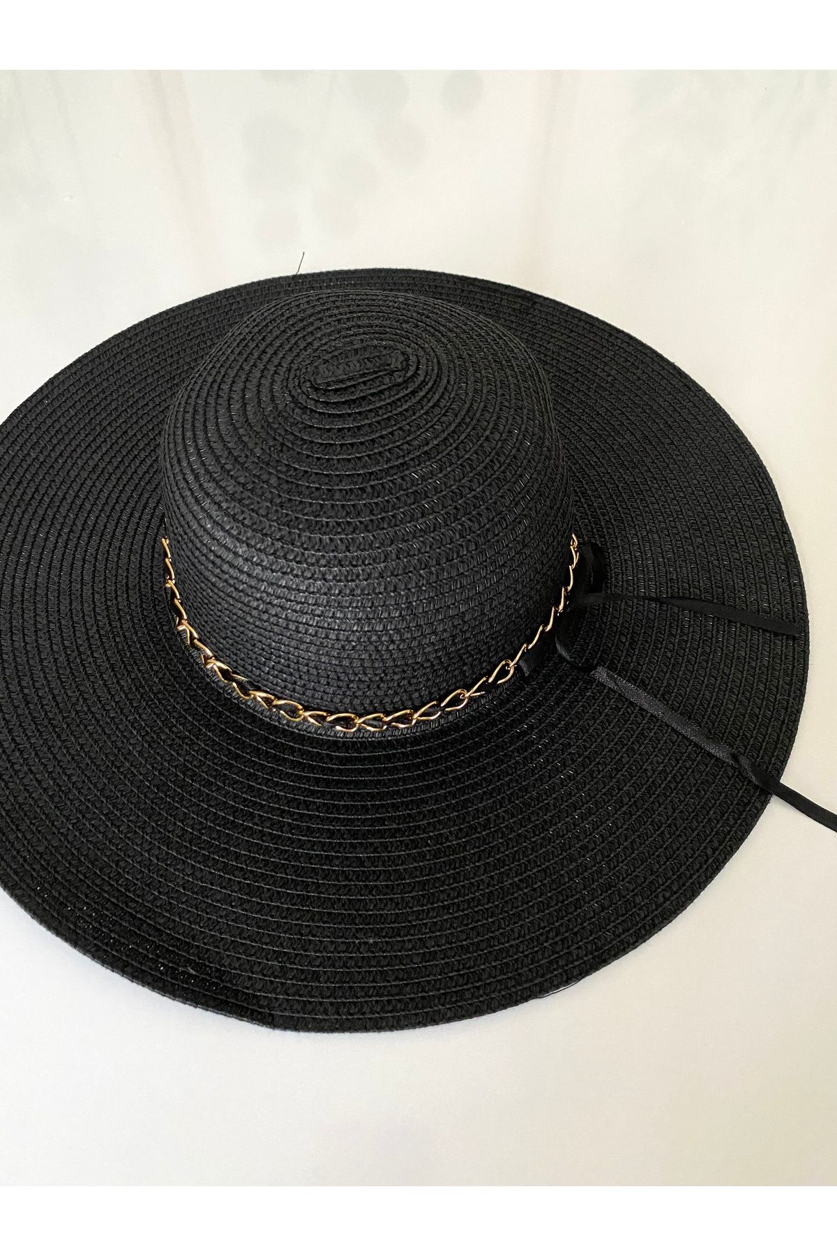 Petek Collection Siyah Aksesuarlı Hasır Plaj Şapkası (58 cm)