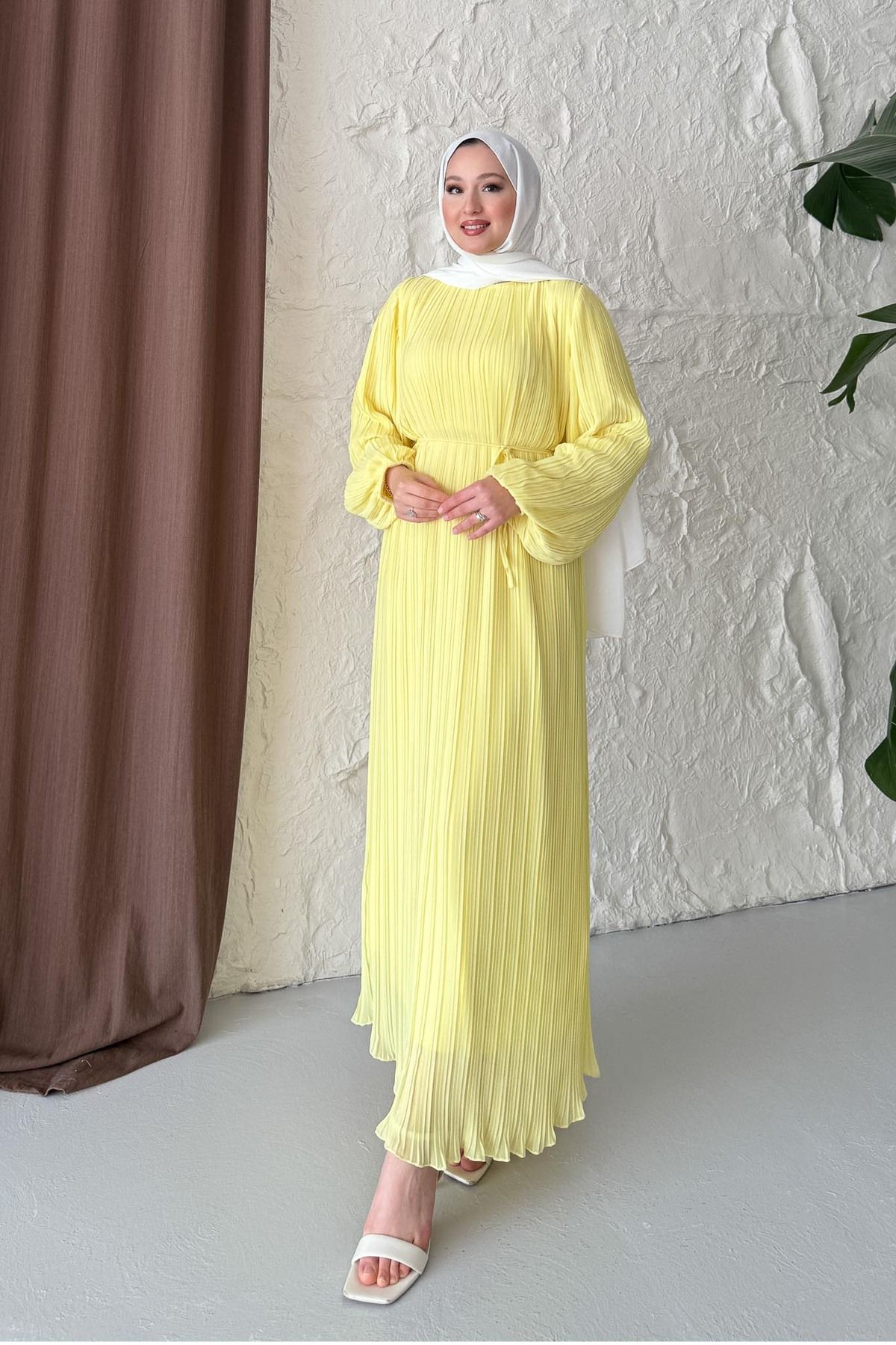 Rimel Moda Seyran Piliseli Elbise Sarı