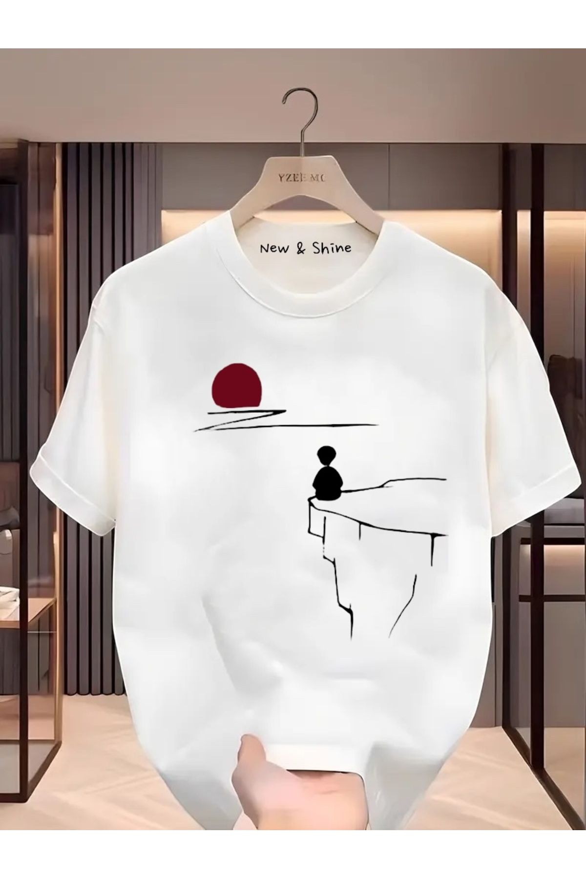 New Shine Manzara Çizgisel Baskılı Oversize T-Shirt