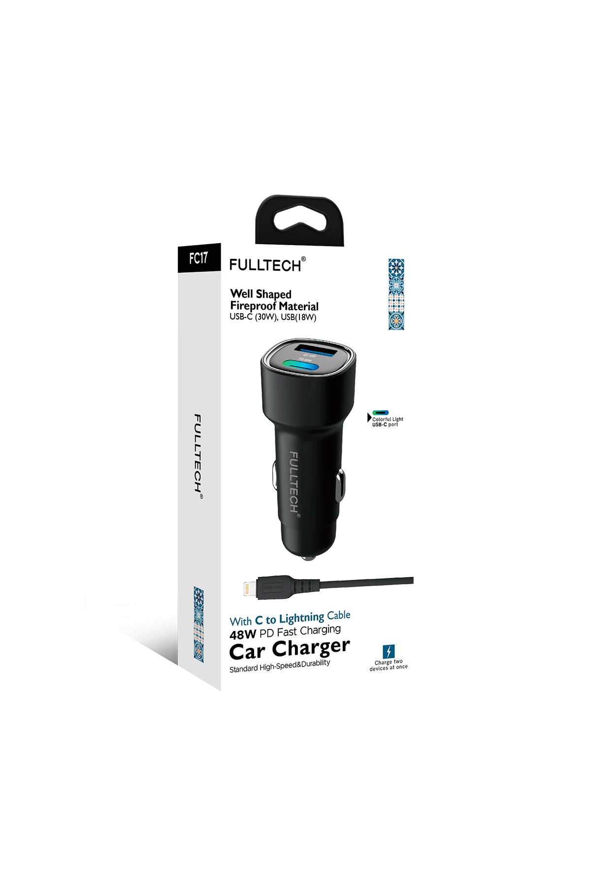 Fulltech Fc17 48w Hızlı Şarjlı Araç Şarj Cihazı | Usb-c & Usb Çift Giriş | C To Lightning Kablo Dahi