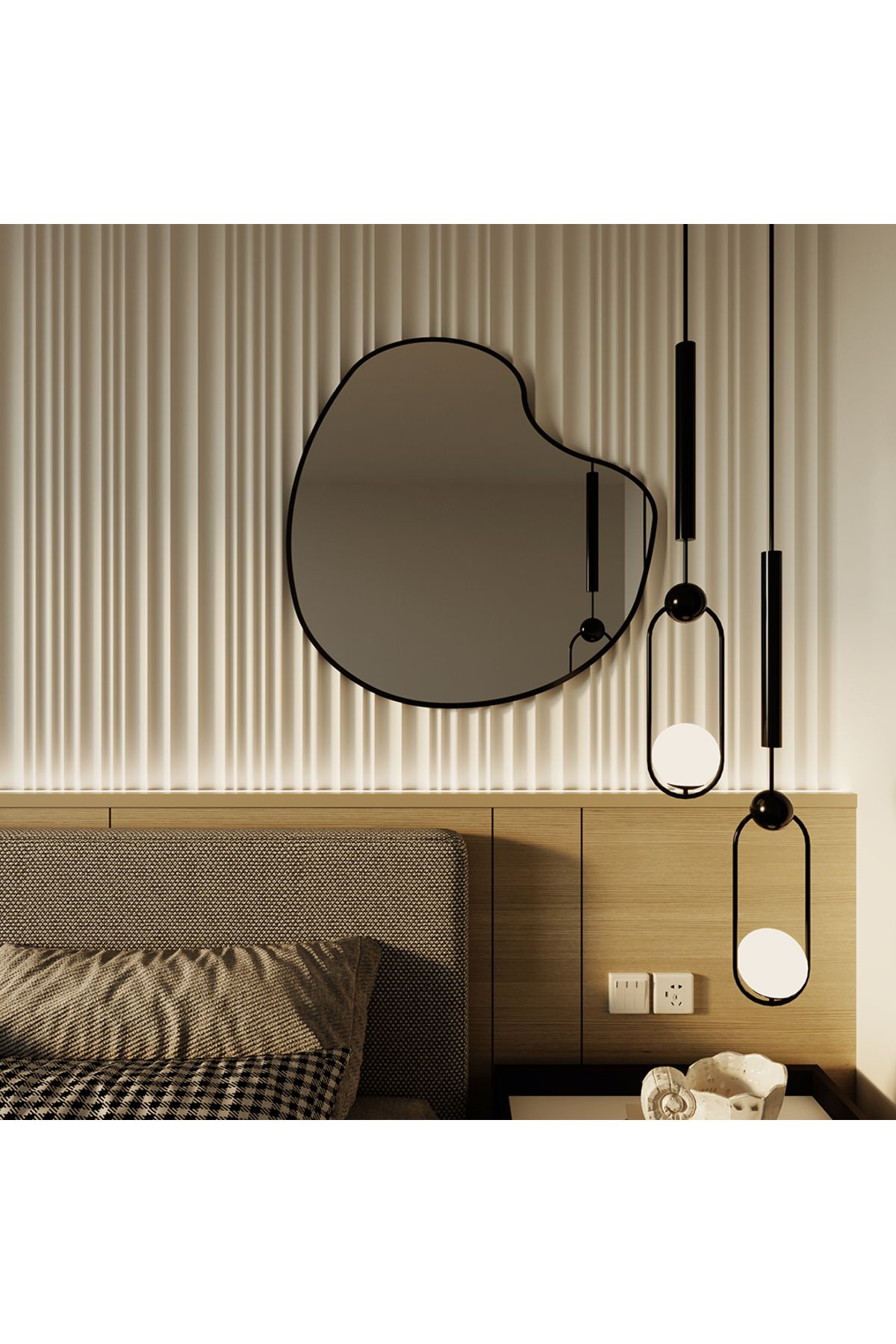 Aypars Atölye 40x40 cm Modern Asimetrik Duvar Aynası – Siyah Kenarlı, MDF Zeminli, Askı Aparatlı