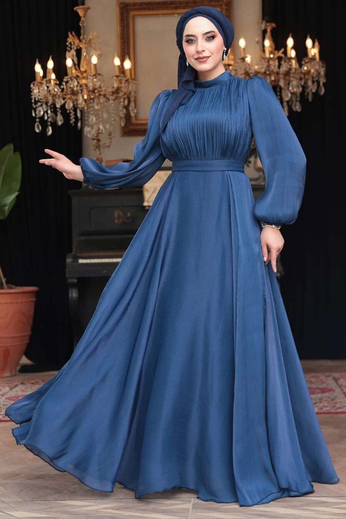 N.S NEVA STYLE Drape Detaylı Lacivert Tesettür Abiye Elbise 51072L