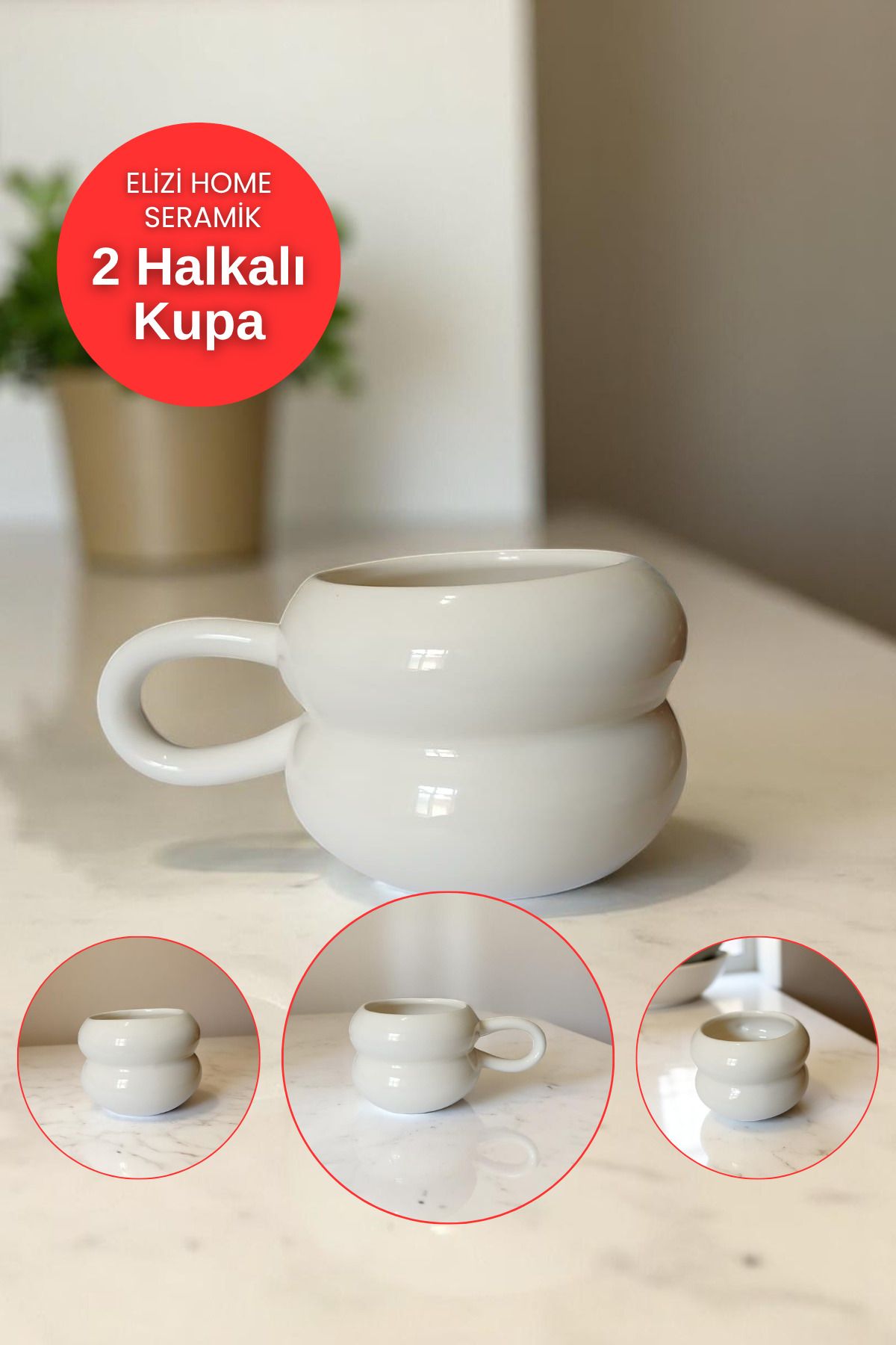 REAY HOME El Yapımı Seramik 2 Halkalı Handmade Mug Kupa Fincan Tasarım Mug Kupa Fincan