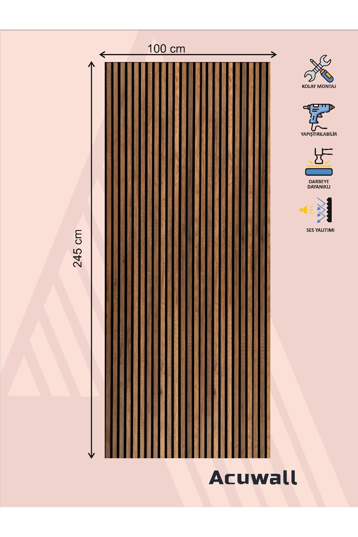 Acuwall Akustik Duvar Paneli-Elegance Serisi-100cm*245cm-Ceviz-3mm Keçe+6mm Ahşap Çıta