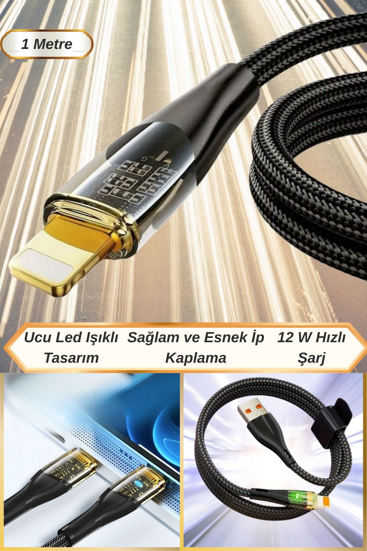 Hane Dostu 1 Metre Sağlam İp Kaplama Kablo | Led Işık Uçlu USB to Lightning Hızlı Şarj Kablosu