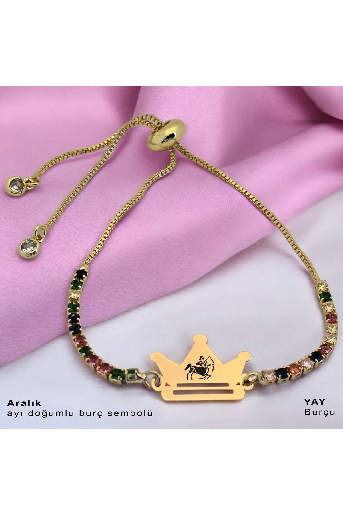 ARCHINO GOLD Yay Burçları İçin Renkli Taş Desenli Taç Motifli 14 Ayar Altın Plakalı Hediye Bileklik-489burç