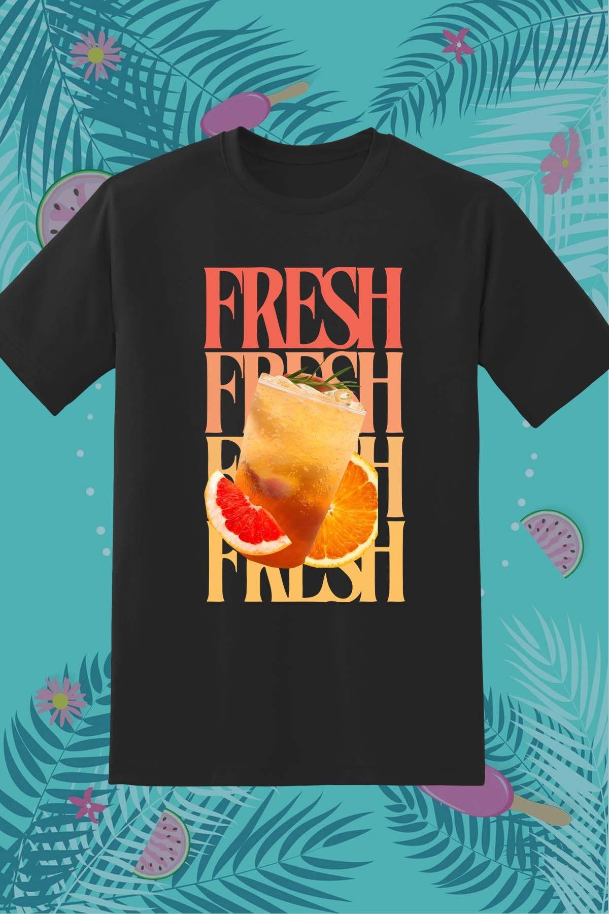 362BASKI Yaz Temalı Fresh Kokteyl İçecek Baskılı Tshirt