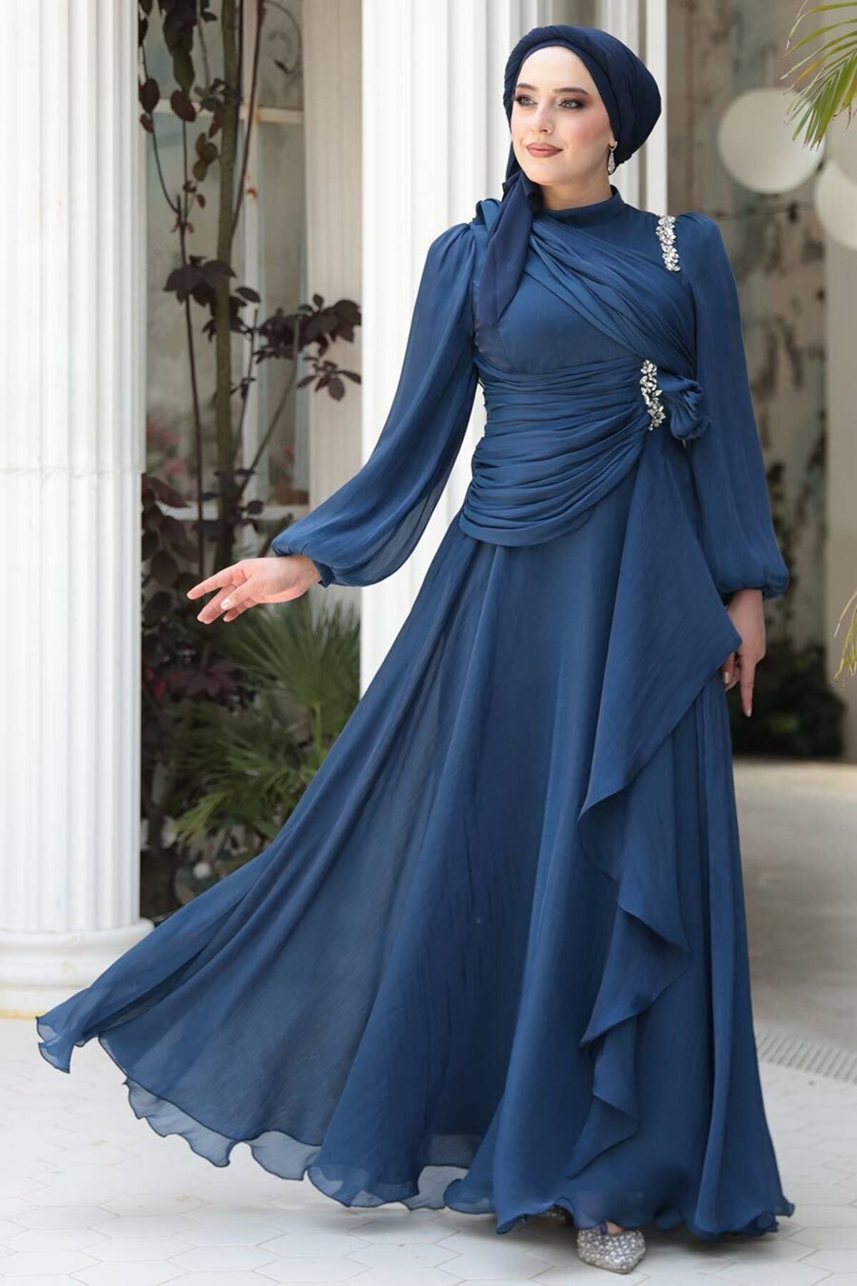 N.S NEVA STYLE Drape Detaylı Lacivert Tesettür Abiye Elbise 51641L