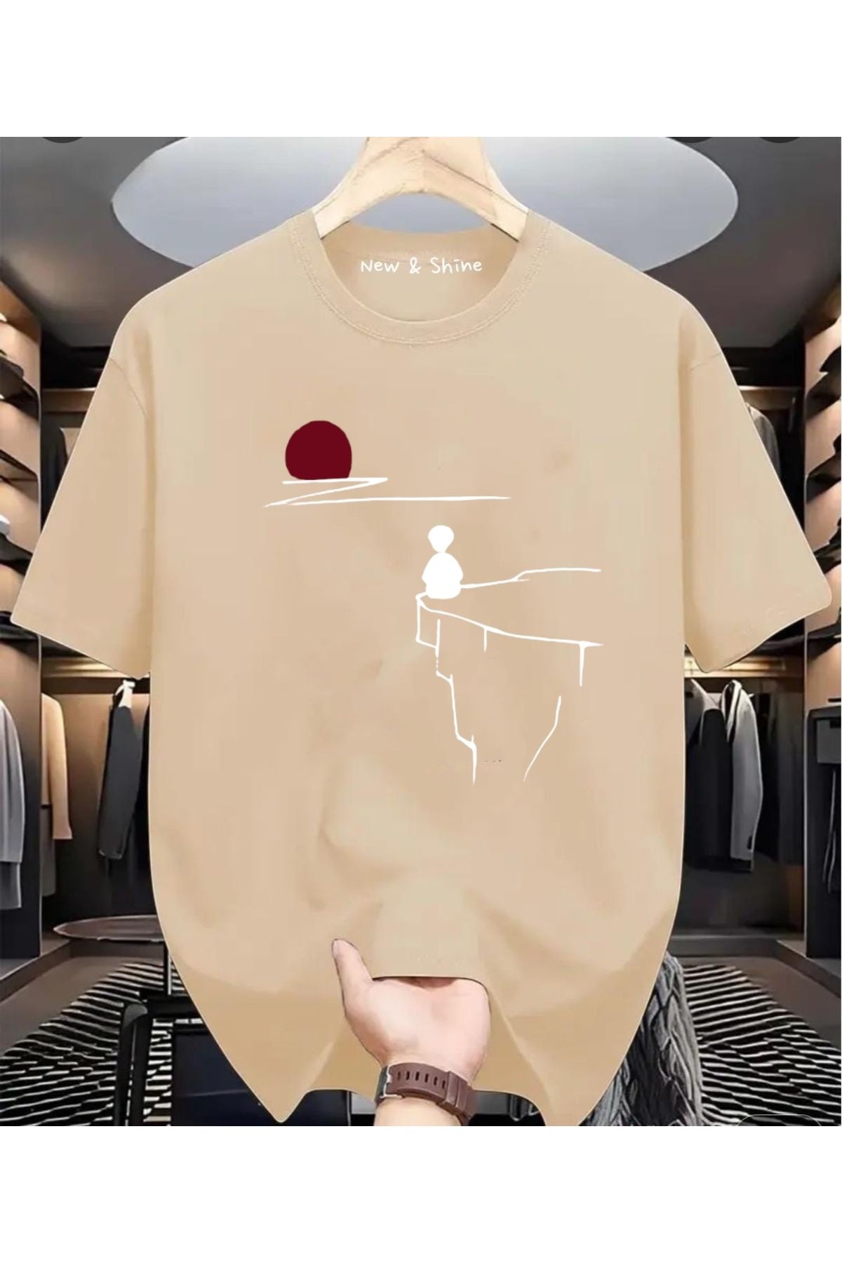 New Shine Manzara Çizgisel Baskılı Oversize T-Shirt
