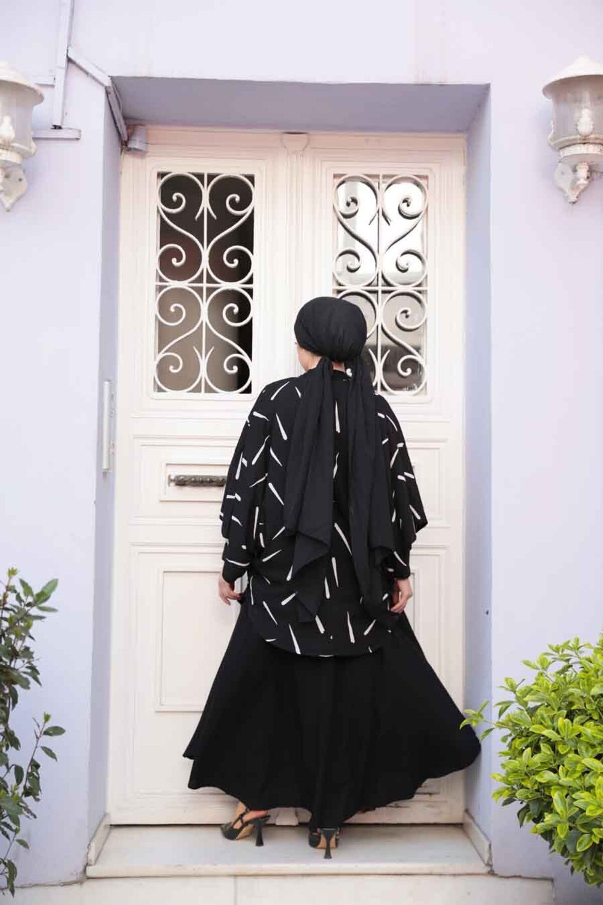 N.S NEVA STYLE-Patterned Black Hijab Double Kimono Set 12892S 4