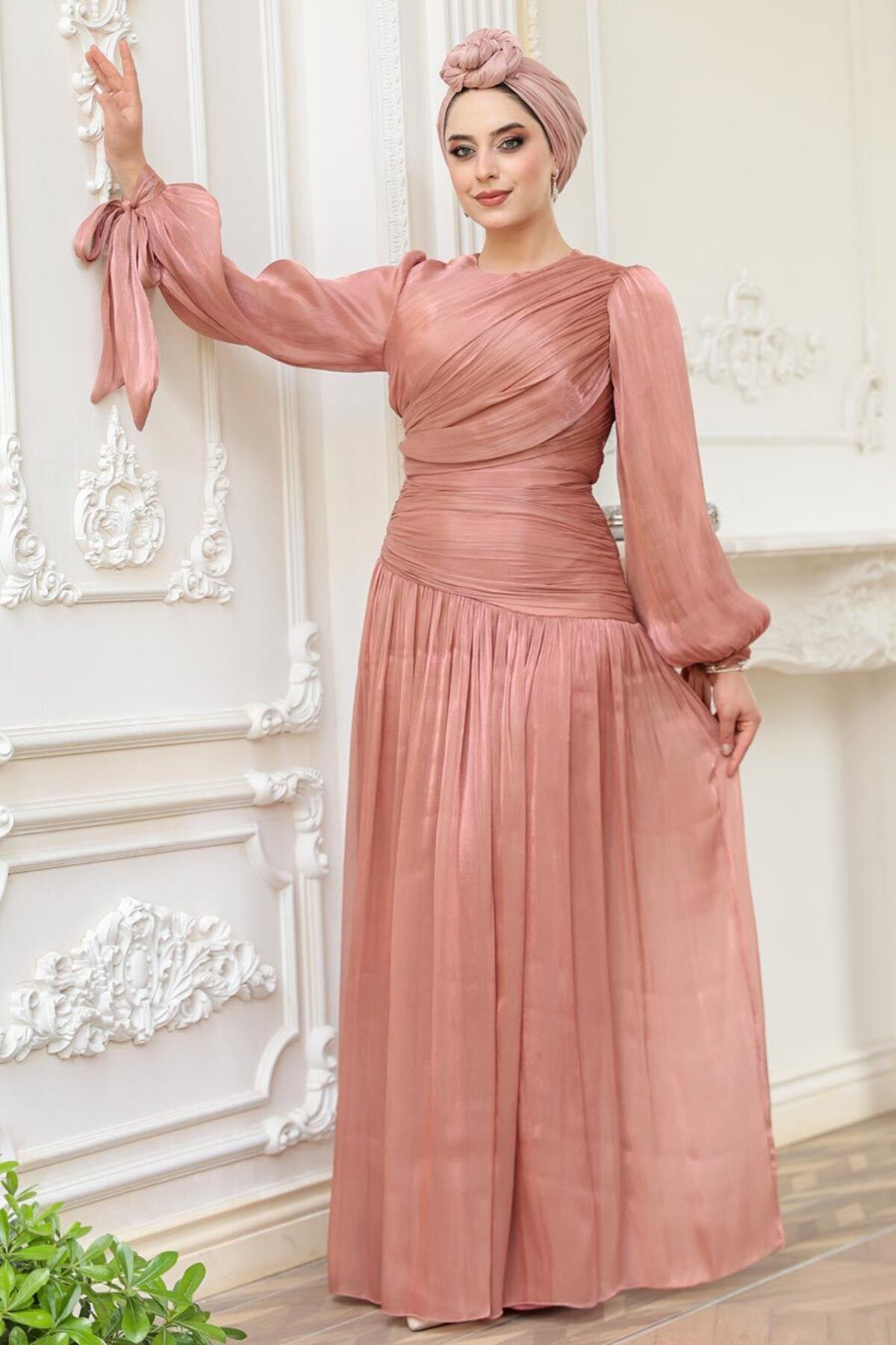 N.S NEVA STYLE Drape Detaylı Bakır Tesettür Abiye Elbise 53631BKR