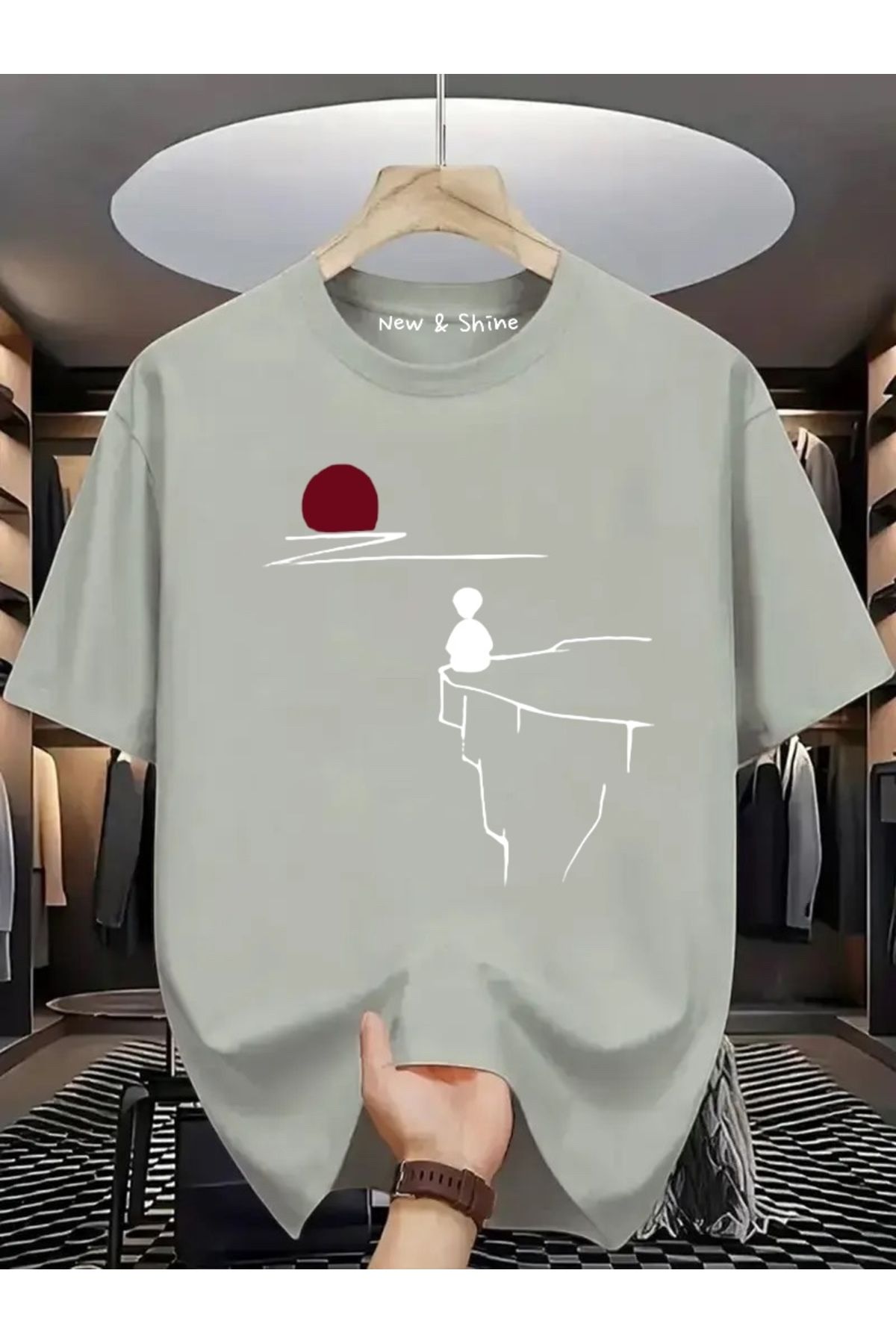 New Shine Manzara Çizgisel Baskılı Oversize T-Shirt