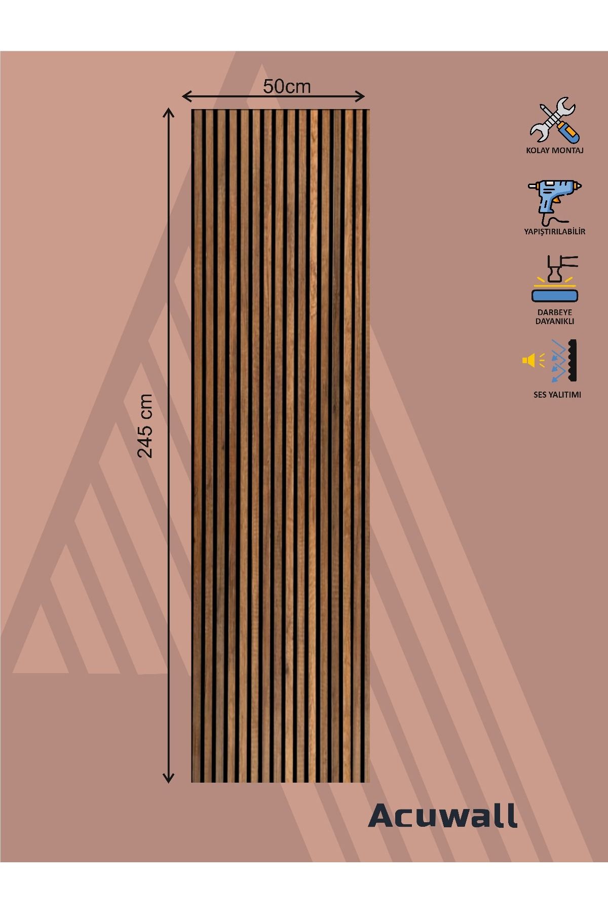 Acuwall Akustik Duvar Paneli-Design Serisi-50cm*245cm-Ceviz-8mm Keçe+5mm Ahşap Çıta