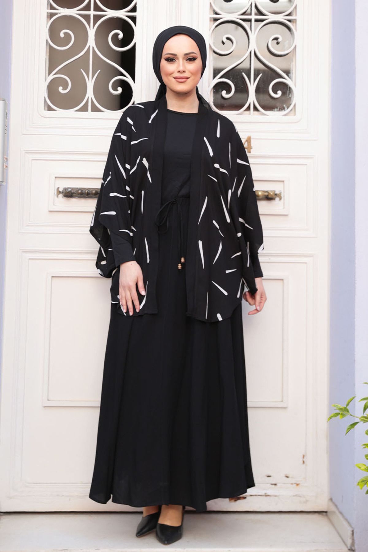 N.S NEVA STYLE-Patterned Black Hijab Double Kimono Set 12892S 3