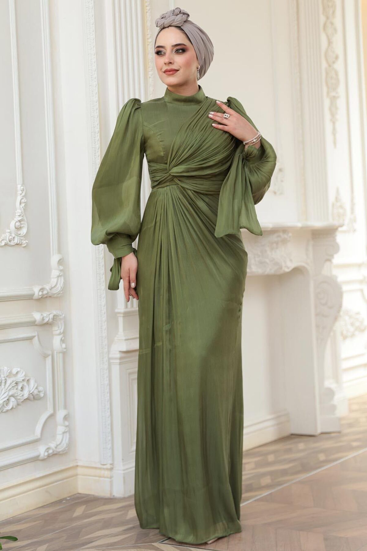 N.S NEVA STYLE Drape Detaylı Haki Tesettür Abiye Elbise 52285HK