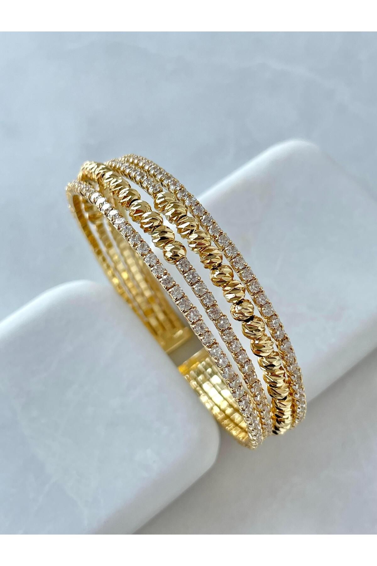 Seda Bijuteri Altın Kaplama Dorika ve Kristal Taşlı Dört Sıra Yaylı Bileklik Gold