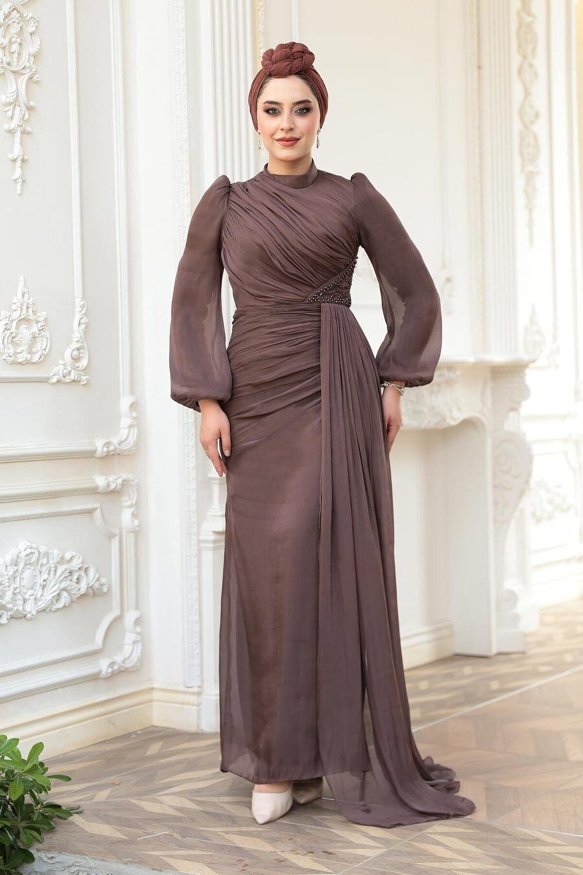 N.S NEVA STYLE Drape Detaylı Kahverengi Tesettür Abiye Elbise 52585KH
