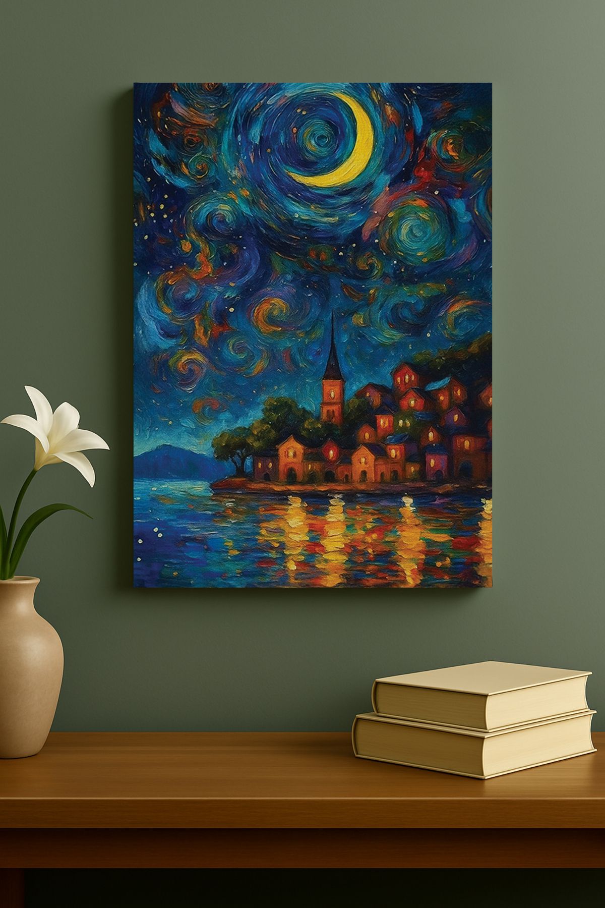 HonataDizayn Yıldızlı Gece Sahil Kasabası Kanvas Tablo – %100 Pamuk Kumaş, Van Gogh Tarzı Fırça Dokulu Sanat