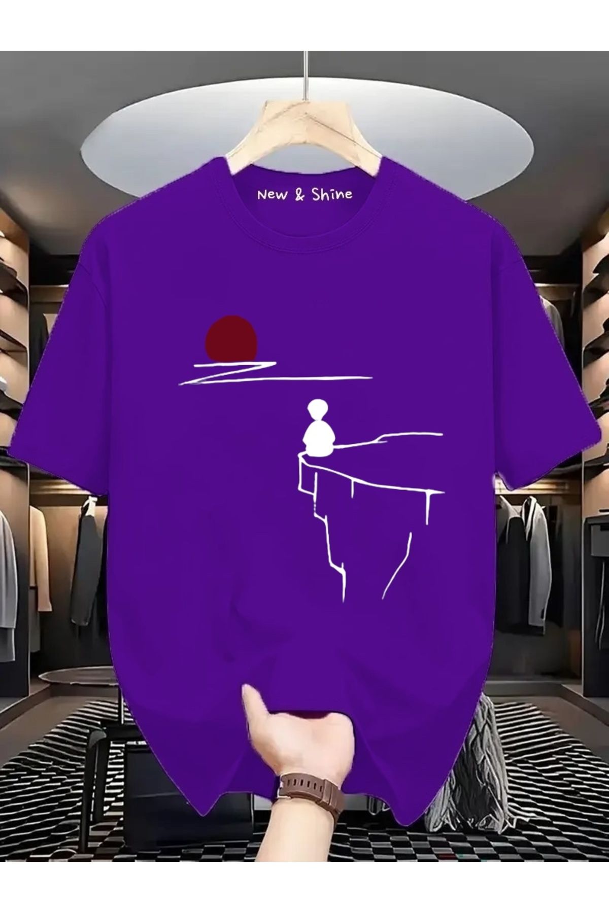 New Shine Manzara Çizgisel Baskılı Oversize T-Shirt