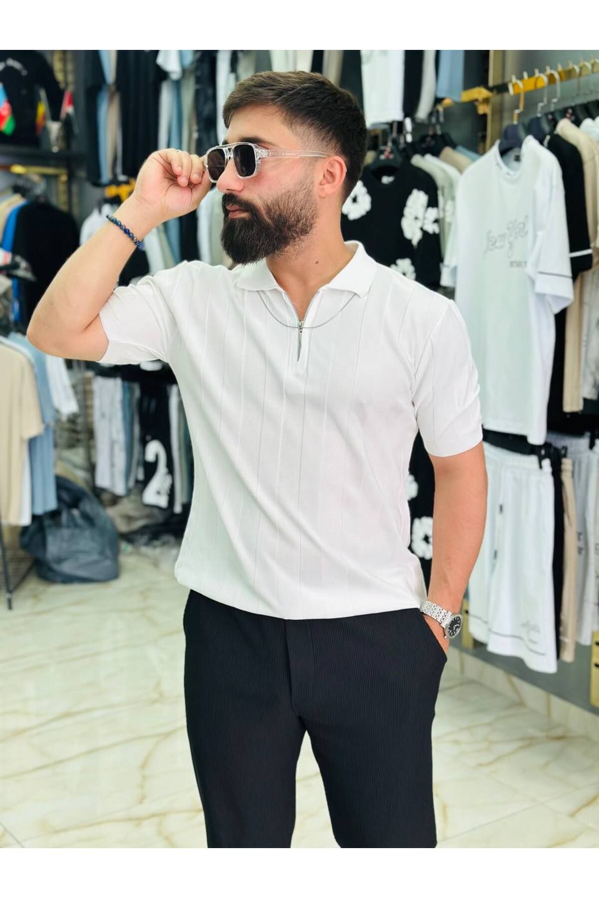 FRANCO RENZO Erkek Fit Fermuarlı Triko Polo Tişört