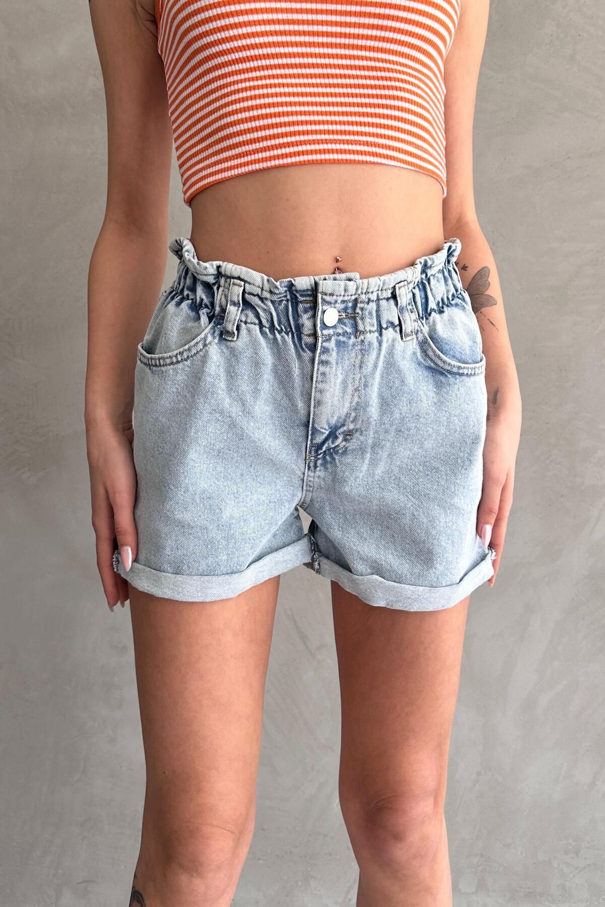 ZAROLİ Beli Lastikli Pileli Duble Paça Denim Şort