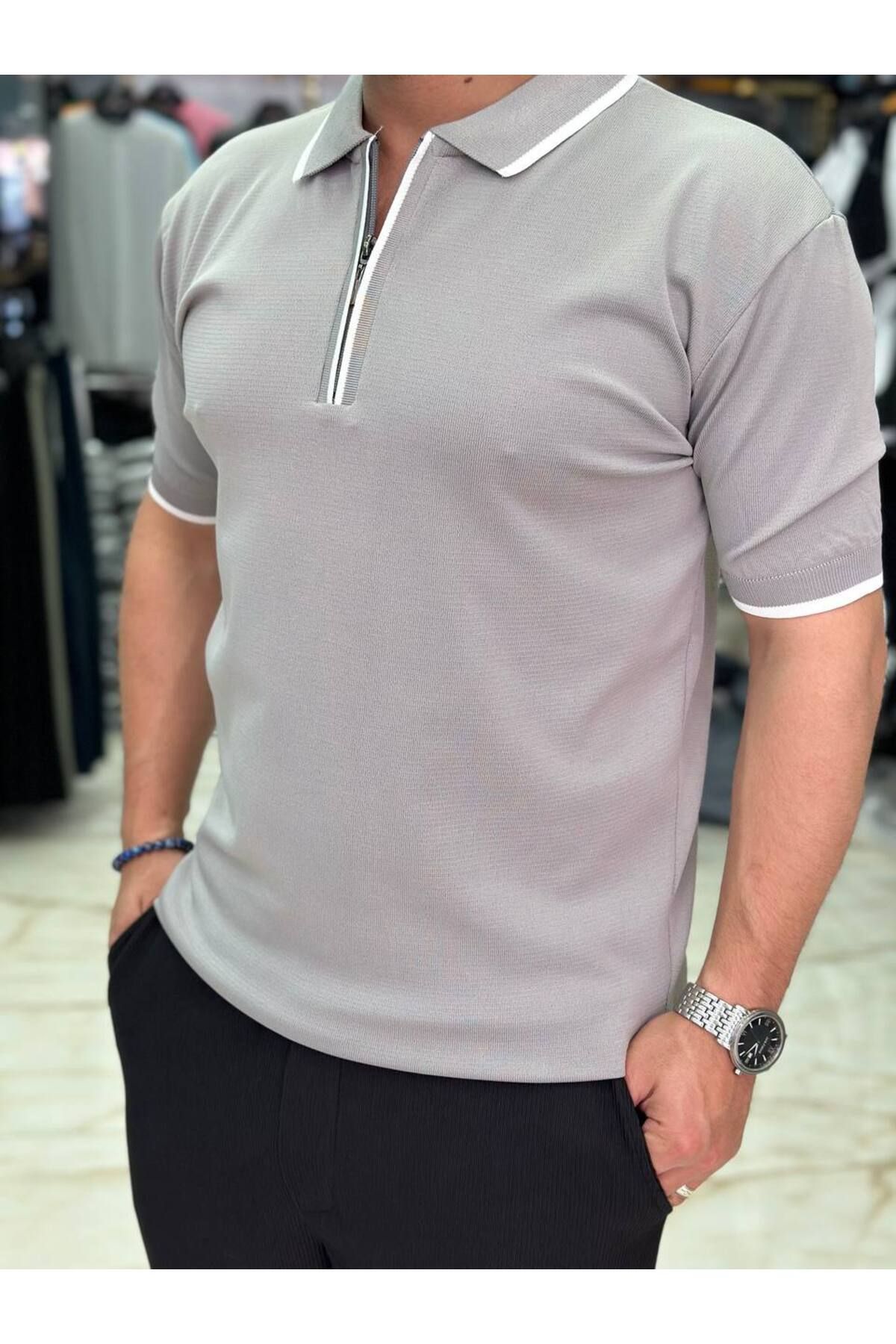 FRANCO RENZO Erkek Fit Fermuarlı Triko Polo Tişört