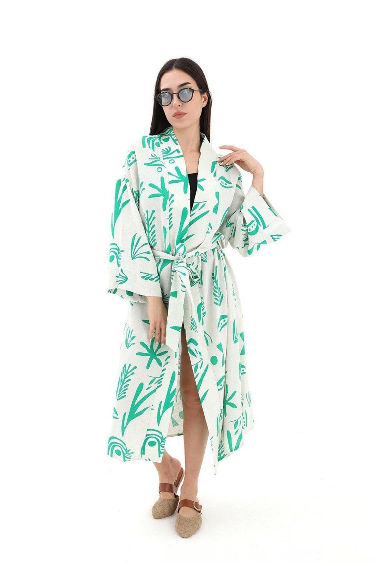 LLOHA Baskılı Keten Kimono - Yeşil